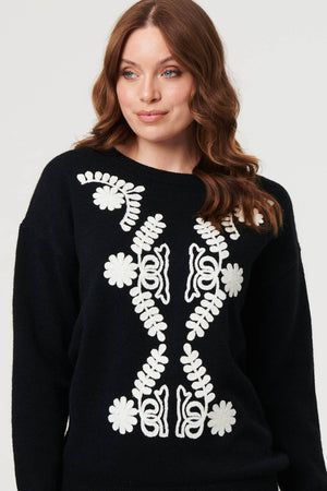 Black | Embroidered Print Drop Shoulder Jumper
