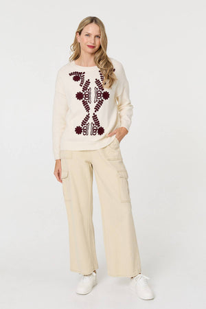 Cream | Embroidered Print Drop Shoulder Jumper