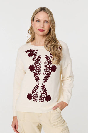 Cream | Embroidered Print Drop Shoulder Jumper : Model is 5'10