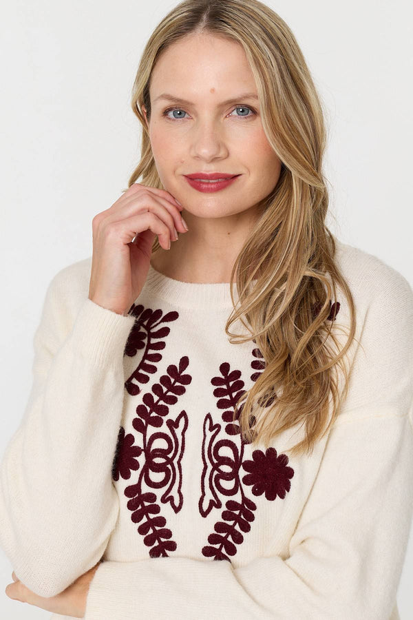 Cream | Embroidered Print Drop Shoulder Jumper