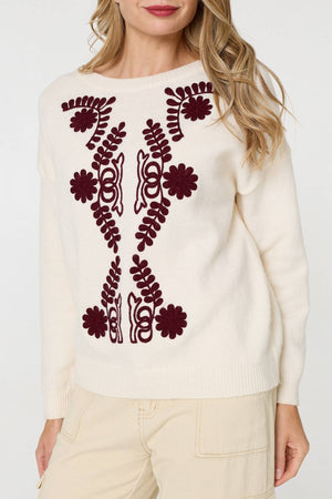 Cream | Embroidered Print Drop Shoulder Jumper