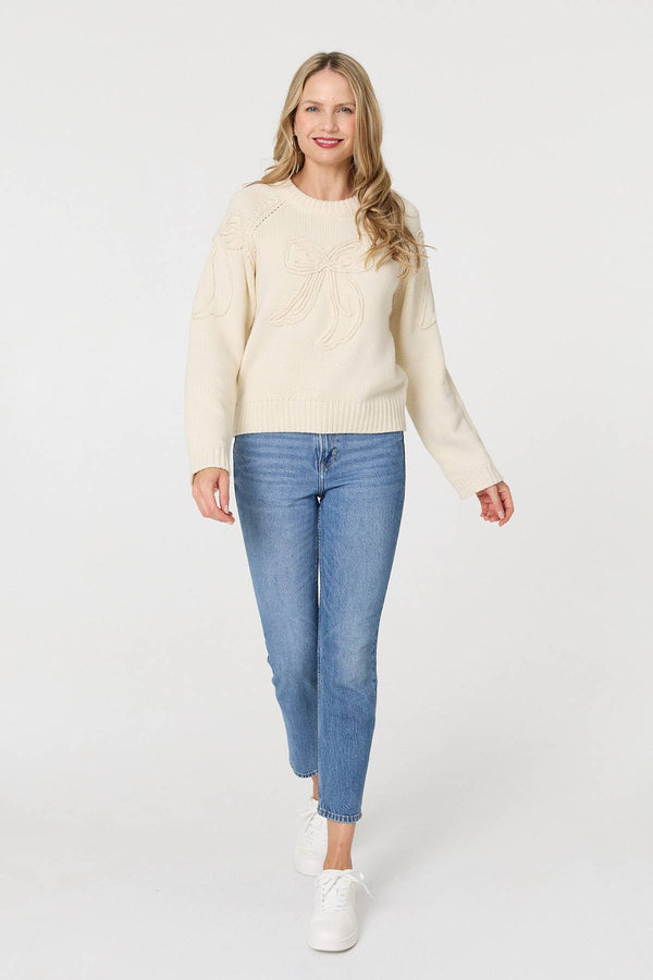 Cream | Bow Embroidered Long Sleeve Jumper