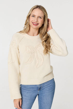 Cream | Bow Embroidered Long Sleeve Jumper : Model is 5'10