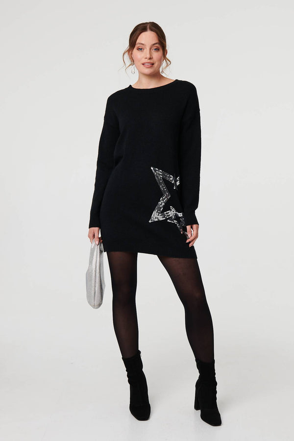 Black | Sequin Star Long Sleeve Knit Short Dress
