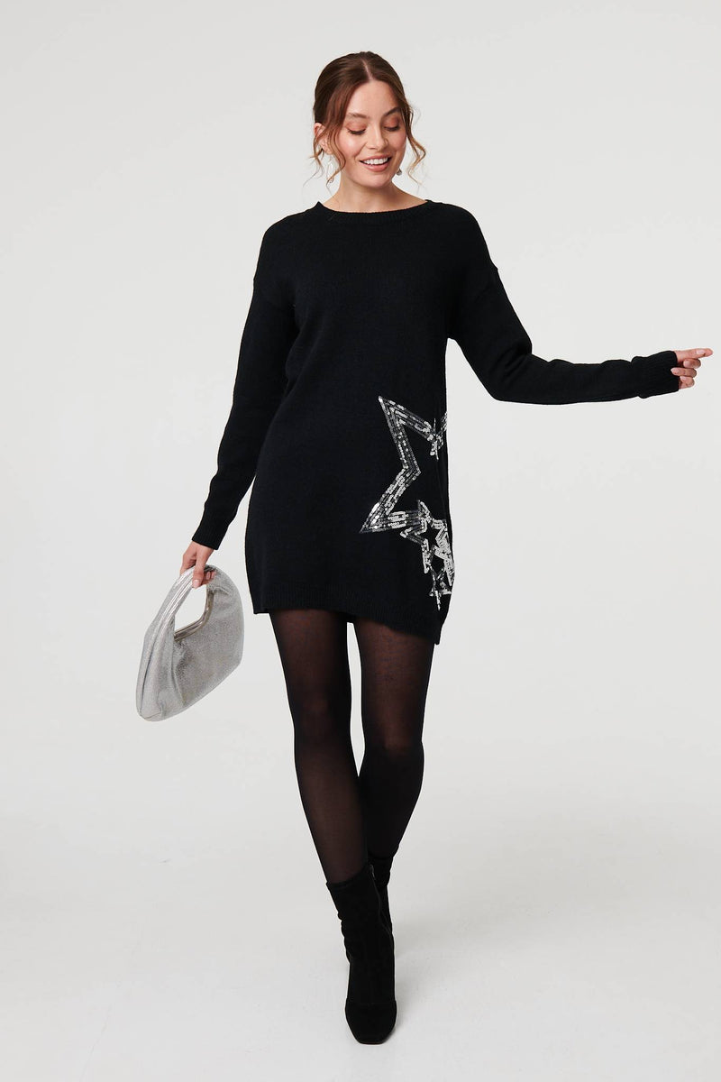 Sequin Star Long Sleeve Knit Short Dress