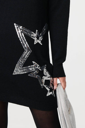Black | Sequin Star Long Sleeve Knit Short Dress
