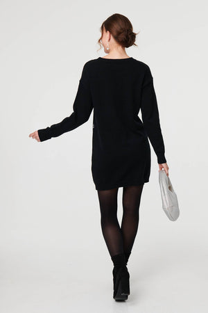 Black | Sequin Star Long Sleeve Knit Short Dress
