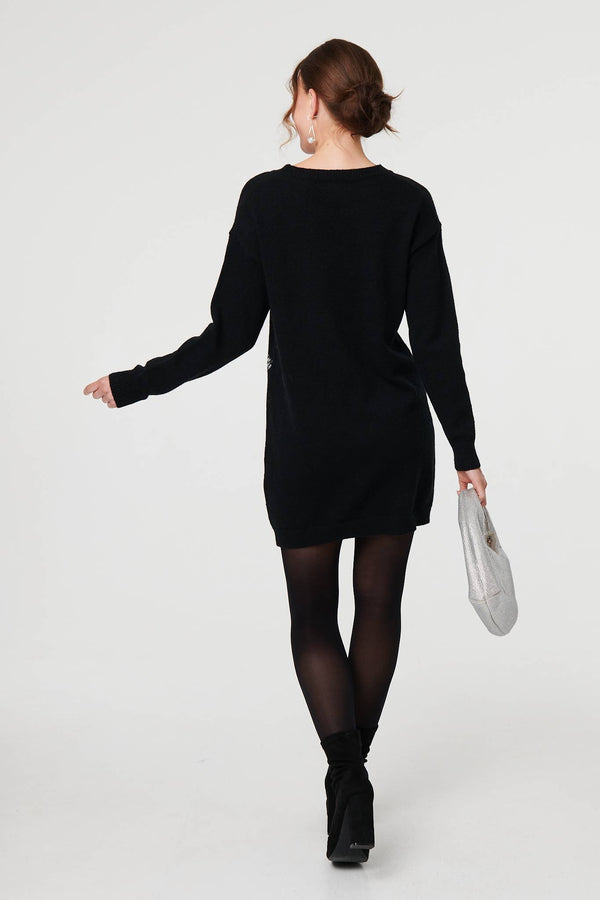 Black | Sequin Star Long Sleeve Knit Short Dress

