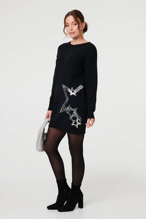 Black | Sequin Star Long Sleeve Knit Short Dress
