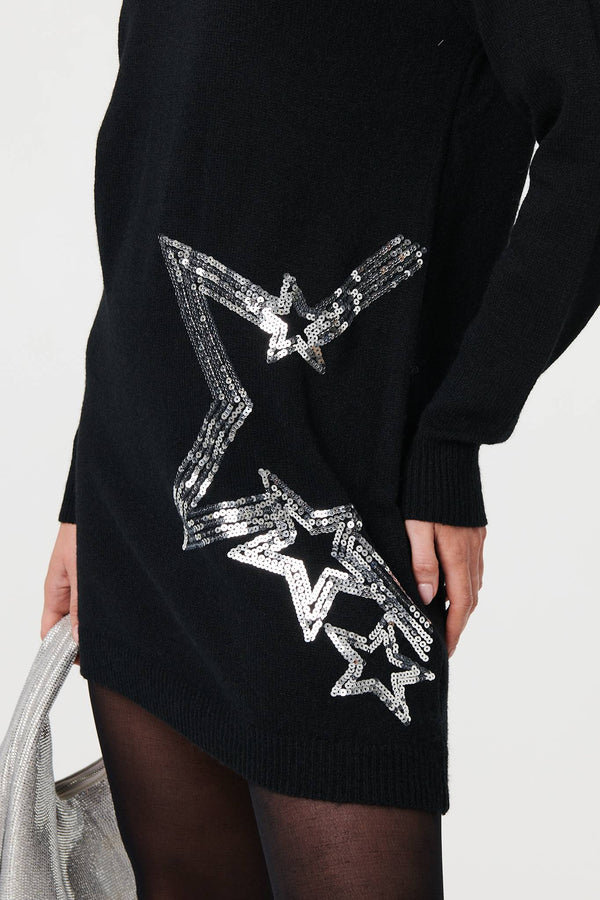 Black | Sequin Star Long Sleeve Knit Short Dress
