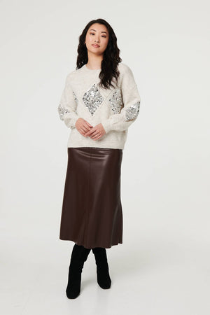 Beige | Sequin Diamond Detail Relaxed Jumper
