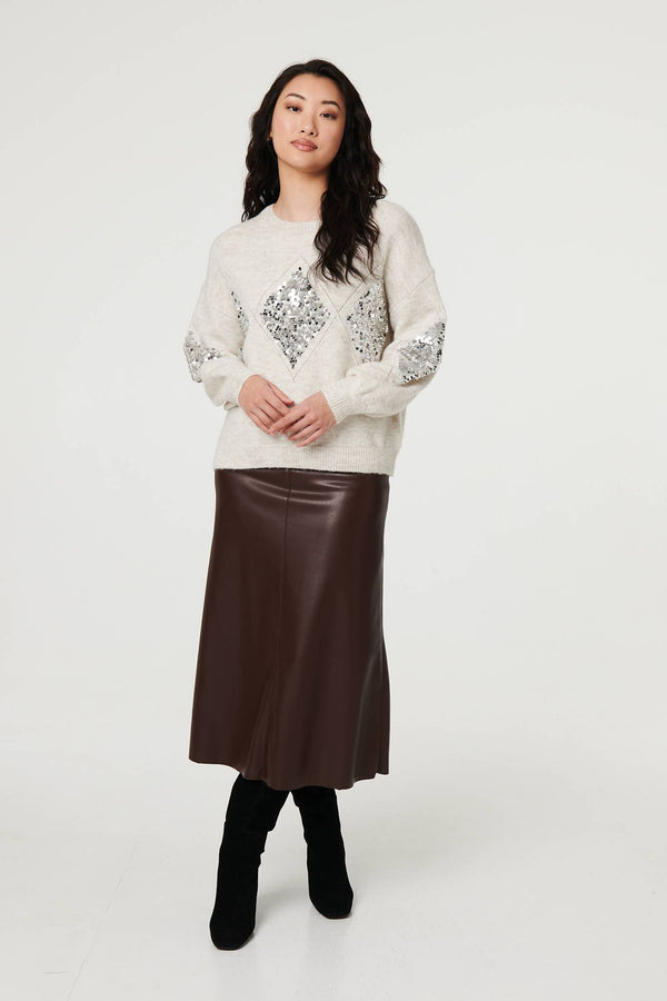 Beige | Sequin Diamond Detail Relaxed Jumper
