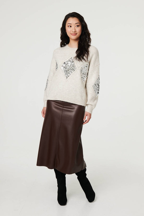 Beige | Sequin Diamond Detail Relaxed Jumper
