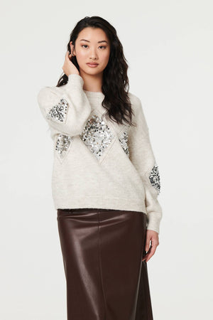 Beige | Sequin Diamond Detail Relaxed Jumper
