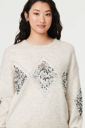 Beige | Sequin Diamond Detail Relaxed Jumper
