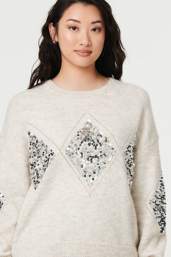 Beige | Sequin Diamond Detail Relaxed Jumper
