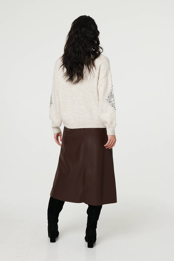 Beige | Sequin Diamond Detail Relaxed Jumper
