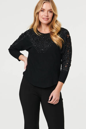 Black | Sparkly Lace Embellished Relaxed Jumper : Model is 5'10