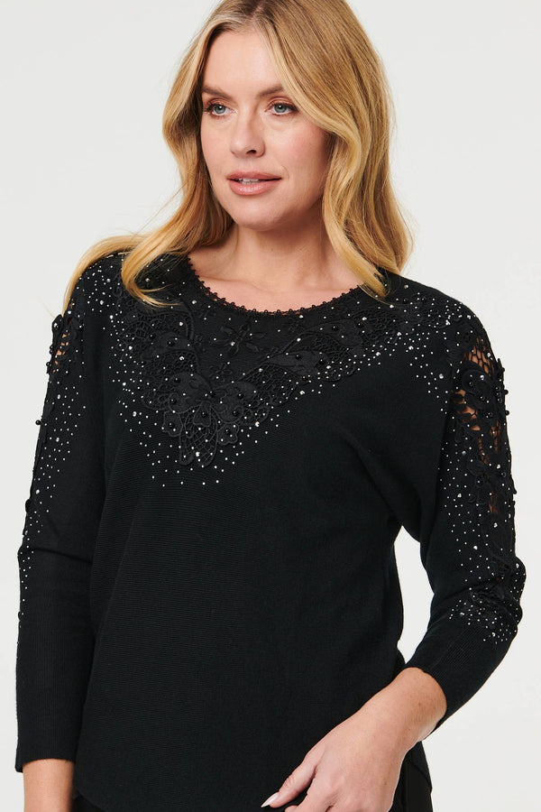 Black | Sparkly Lace Embellished Relaxed Jumper
