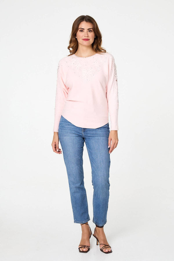 Pink | Sparkly Lace Embellished Relaxed Jumper
