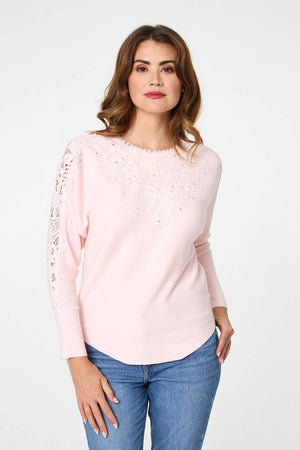 Pink | Sparkly Lace Embellished Relaxed Jumper : Model is 5'9