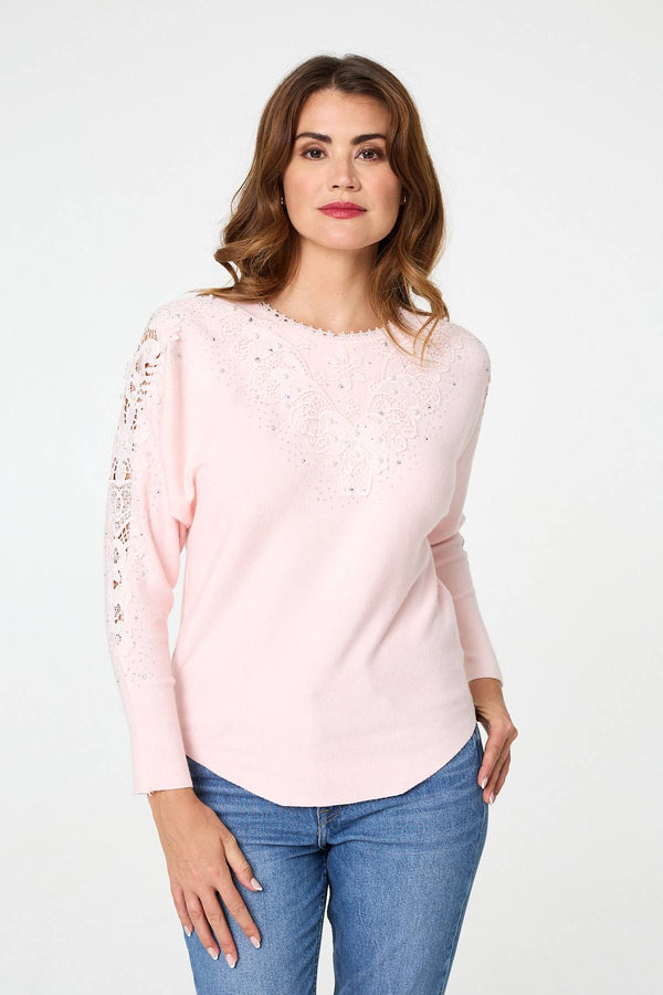 Pink | Sparkly Lace Embellished Relaxed Jumper
