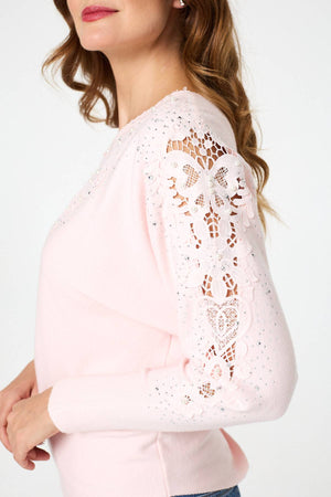 Pink | Sparkly Lace Embellished Relaxed Jumper

