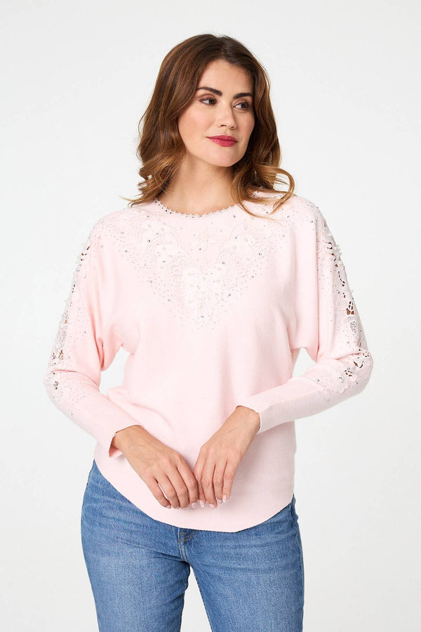 Pink | Sparkly Lace Embellished Relaxed Jumper
