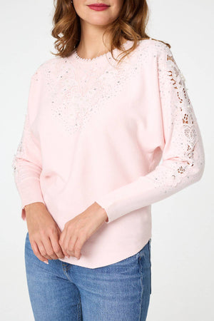 Pink | Sparkly Lace Embellished Relaxed Jumper
