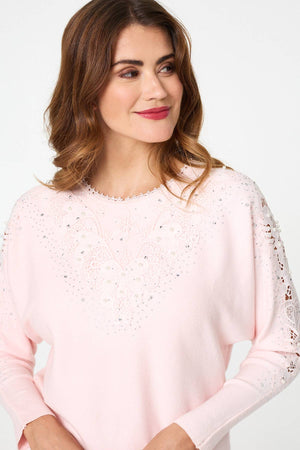 Pink | Sparkly Lace Embellished Relaxed Jumper
