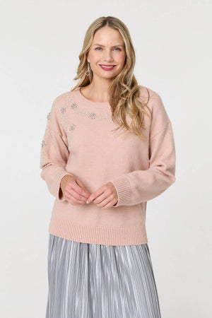 Pink | Sparkly Floral Detail Relaxed Jumper : Model is 5'10