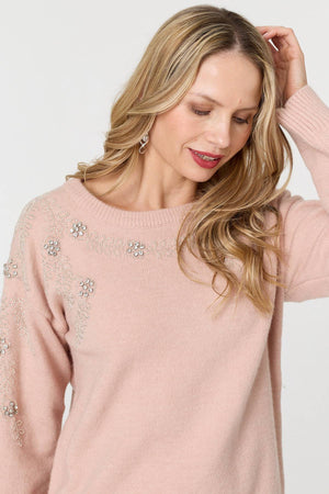 Pink | Sparkly Floral Detail Relaxed Jumper
