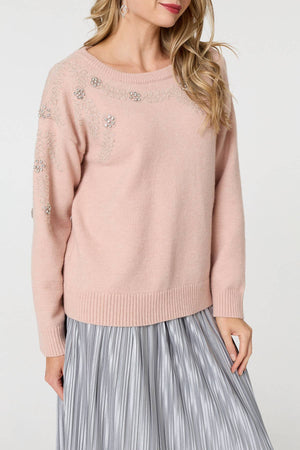 Pink | Sparkly Floral Detail Relaxed Jumper
