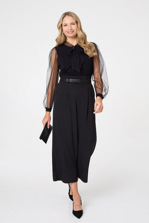 Black | Semi Sheer Sleeve Tie Neck Knit Top
