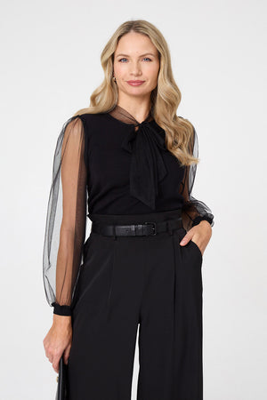 Black | Semi Sheer Sleeve Tie Neck Knit Top

