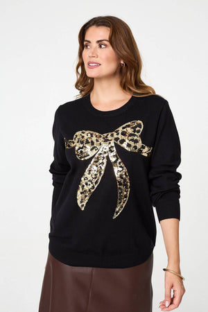 Black | Sparkly Bow Detail Long Sleeve Jumper
