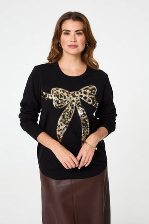 Black | Sparkly Bow Detail Long Sleeve Jumper : Model is 5'9
