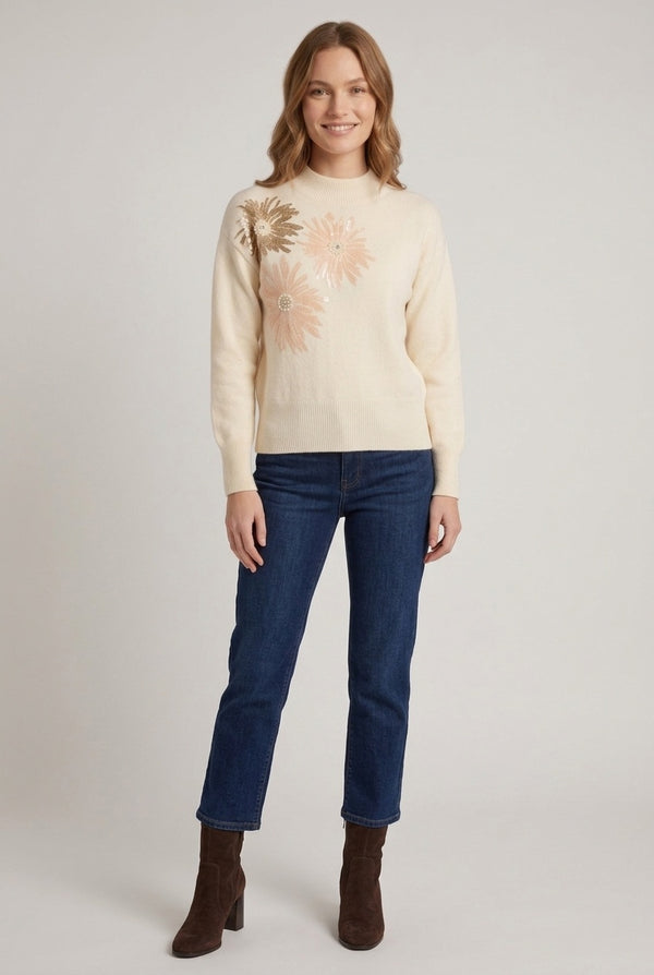 Cream | Floral Detail High Neck Relaxed Jumper