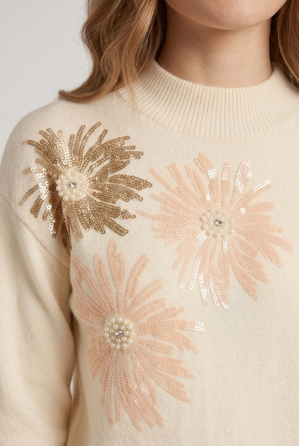 Cream | Floral Detail High Neck Relaxed Jumper