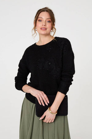 Black | Floral Embellished Relaxed Jumper
