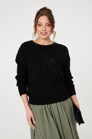 Black | Floral Embellished Relaxed Jumper
