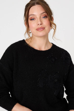 Black | Floral Embellished Relaxed Jumper
