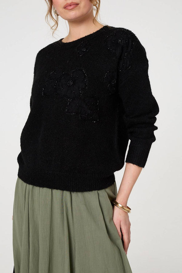 Black | Floral Embellished Relaxed Jumper
