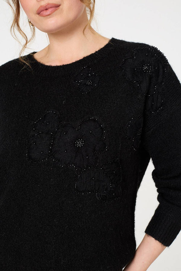 Black | Floral Embellished Relaxed Jumper
