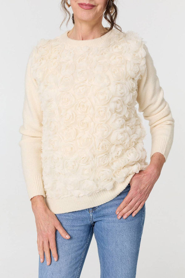 Cream | Rose Texture Embellished Jumper
