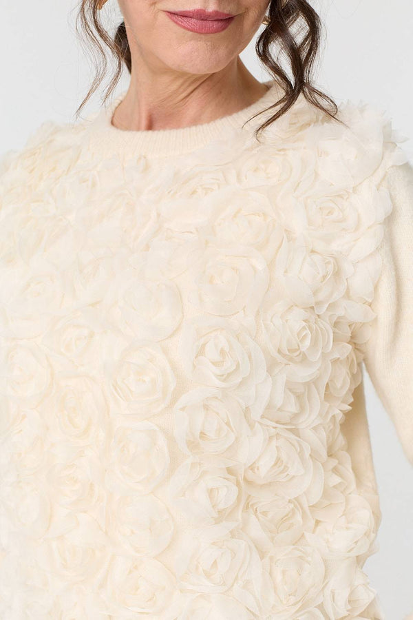Cream | Rose Texture Embellished Jumper
