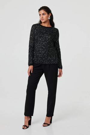 Black | Sparkly Embellished Slim Jumper : Model is 5'8