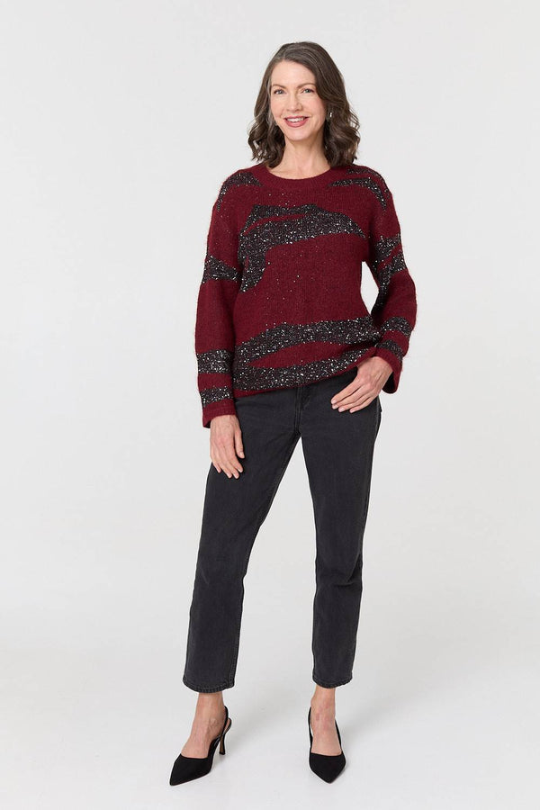 Burgundy | Metallic Sparkly Animal Print Jumper