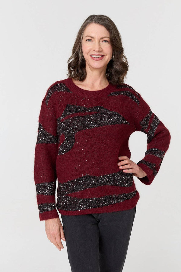 Burgundy | Metallic Sparkly Animal Print Jumper