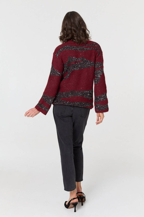 Burgundy | Metallic Sparkly Animal Print Jumper